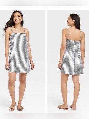 ⚜️ a new day Striped Linen Dress Navy Blue & White Adjustable Straps